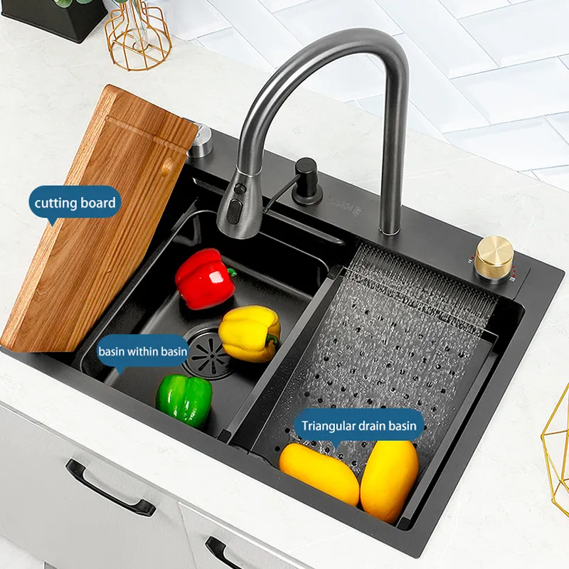 Kitchen Sink Black Nano Kitchen Sink 304 Rostfritt stål Vattenfall Sink Basin Stor enkelplats med vattenfallskran för kök