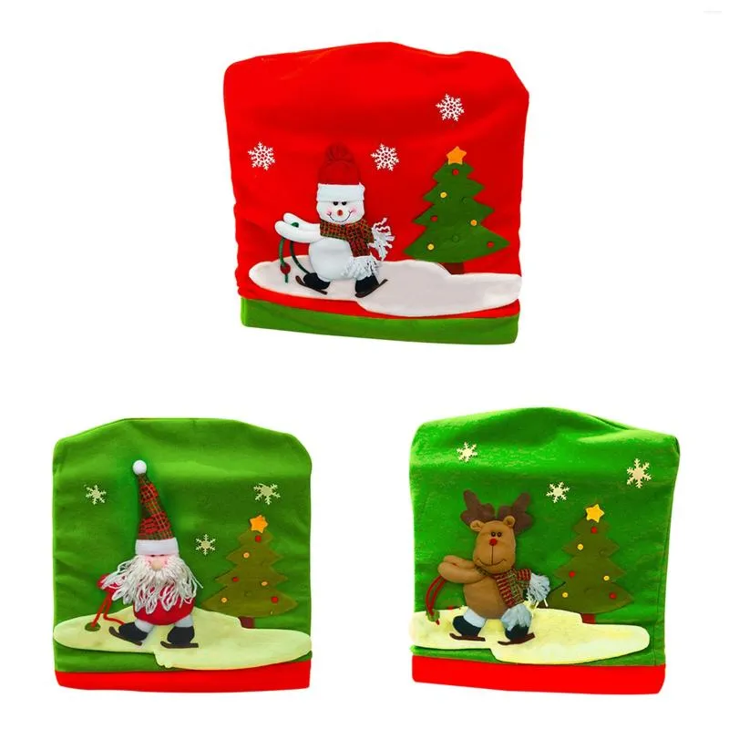 Cubiertas de silla Cubierta de Navidad Lindo Reno Santa Claus Muñeco de nieve Esquí Imprimir Tapas de comedor Fundas para decoración de fiesta en casa