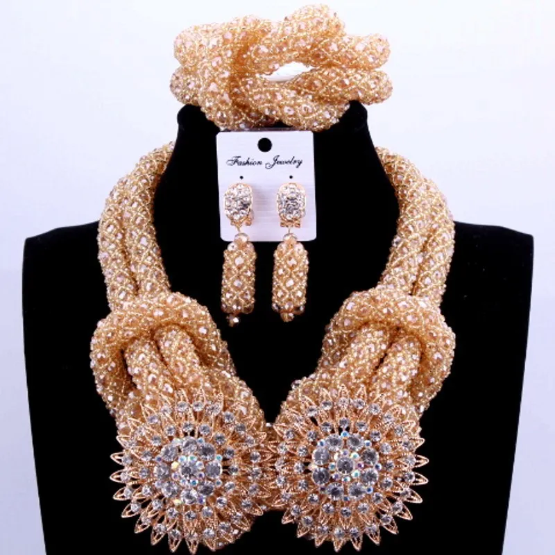 Boucles d'oreilles collier costume de luxe ensembles de bijoux africains couleur or perles de mariage nigérian pour la mariée femmes ensemble de bijoux de mariée 221208