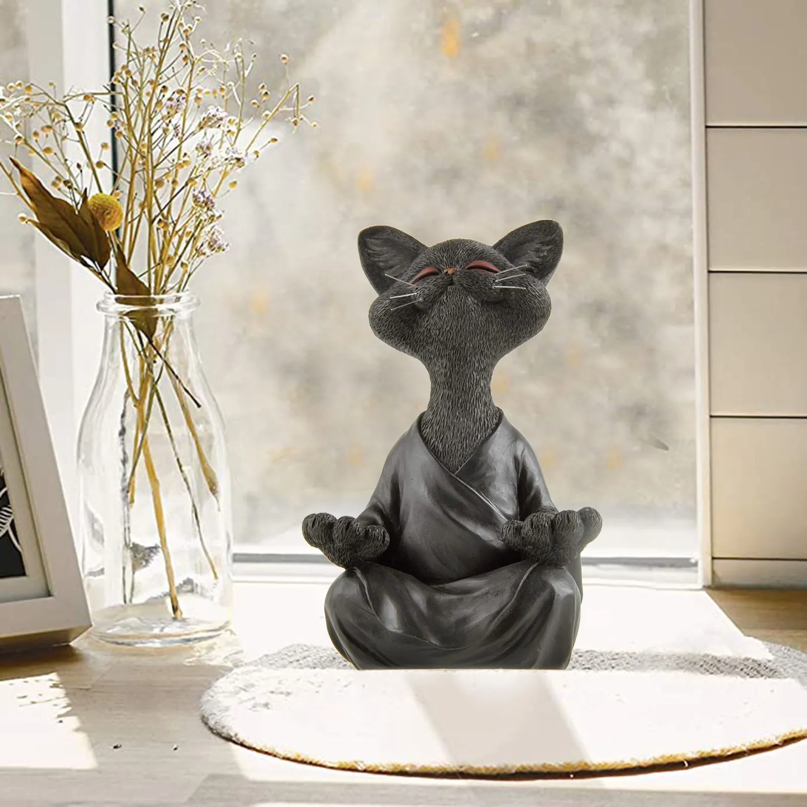 Decorative Objects Figurines Whimsical Black Buddha Cat Figurine Meditation Yoga Collectible Happy Decor Home Garden Decoration Ornament t1p 221208