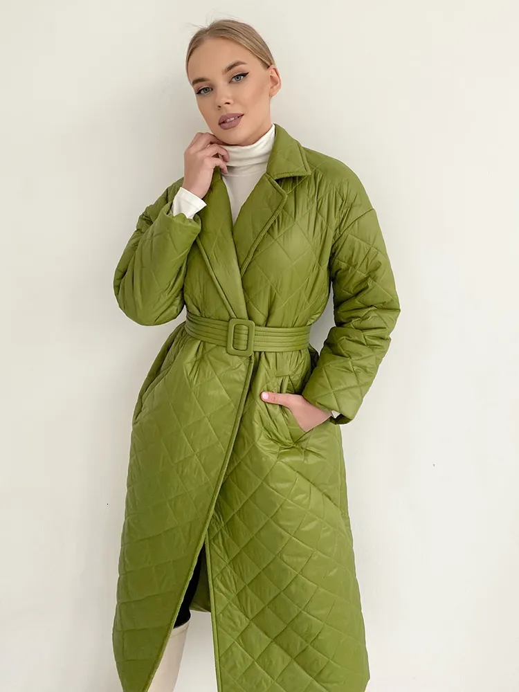 Femmes S Down Parkas hiver femme manteau longue ligne droite motif losange vert ceintures décontractées coupe-vent chaud épais élégant vêtements d'extérieur fémininsmm01