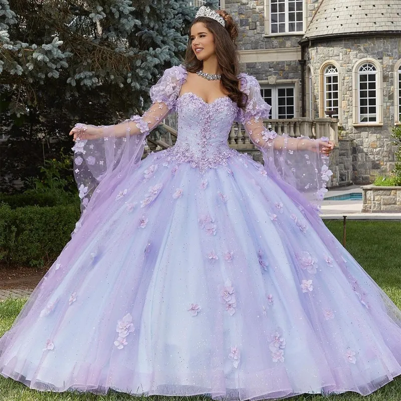 Vintage Lilla Abiti Quinceanera Sweetheart Flare Manica Dolce 16 Abito di Promenade Fiore 3D Perle abiti da 15 quinceanera