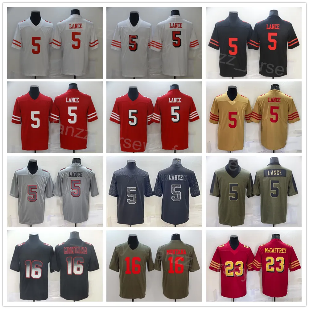 Men Football 5 Trey Lance Jersey 16 Joe Montana 23 Christian McCaffrey Olive Salute to Service Hyphenation Shadow Hemp Hemp Gray Leopard Grain Black Red White Army Green