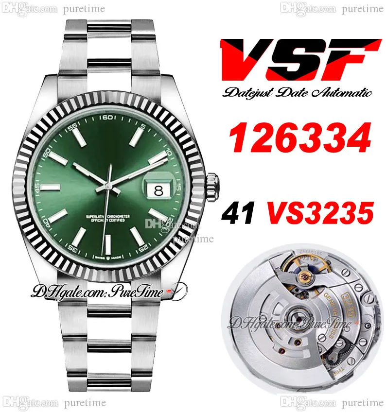 VSF Just 126334 VS3235 Automatic Mens Watch 41 Fluted Bezel Rhodium Gren Dial Stick Markers 904L OysterSteel Bracelet Super Edition Same Series Card Puretime G6