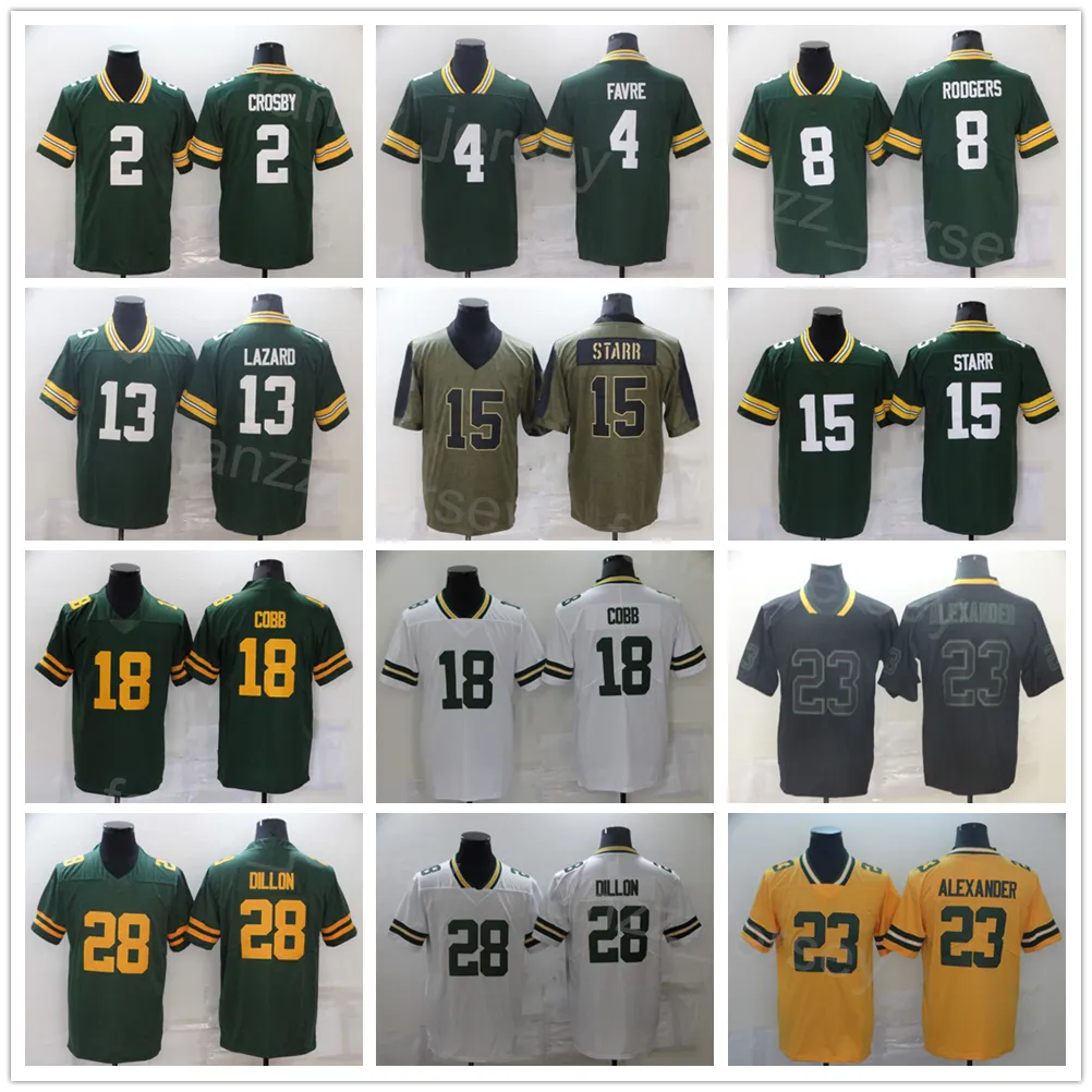 Men Football 23 Jaire Alexander Jersey 18 Randall Cobb 28 AJ Dillon 15 Bart Starr 13 Allen Lazard 2 Mason Crosby 8 Amari Rodgers 4 Brett Favre Preto Amarelo Verde Branco Verde Branco Verde Branco