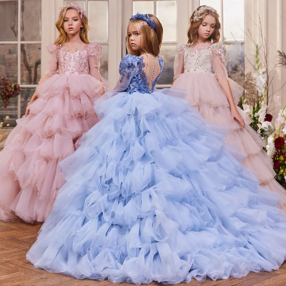 Blue Ruffled Gown for Baby Girls - Formal Princess Dress with etsy beaded earrings Half Sleeves - Perfect for Special Occasions
