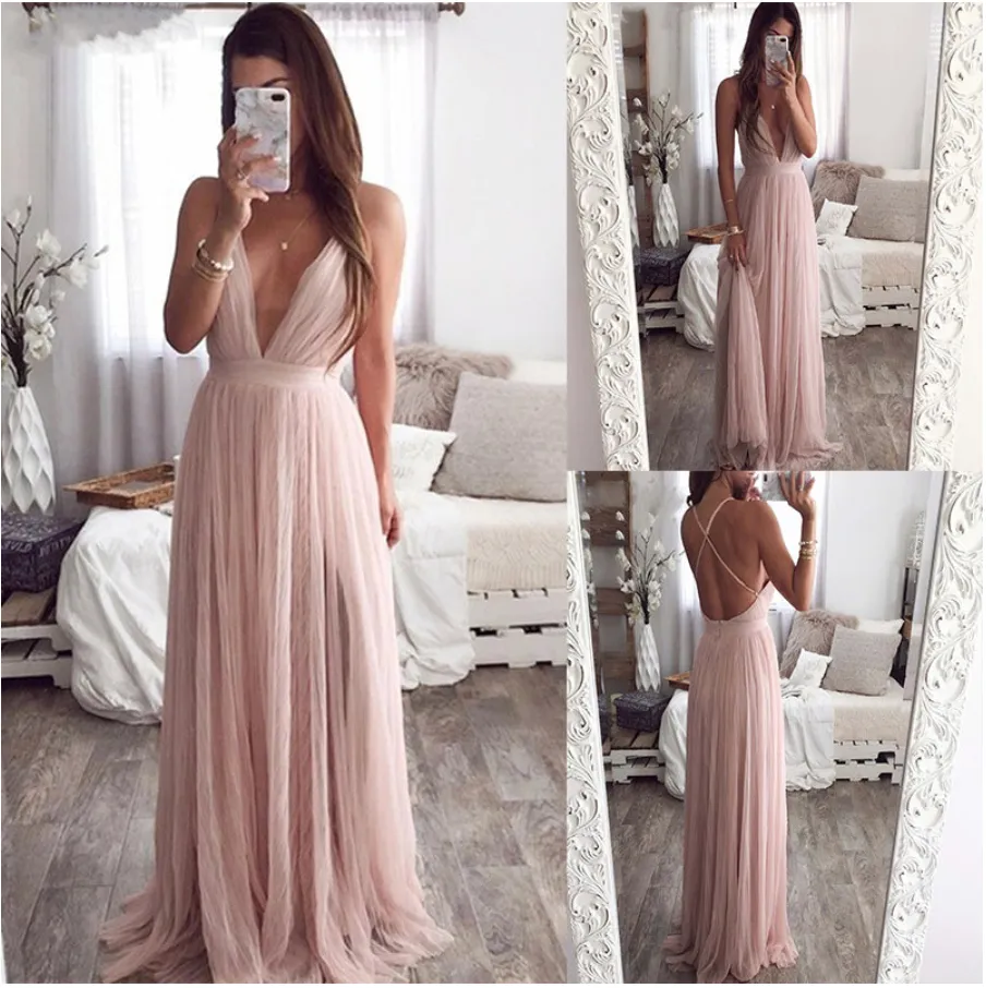 Sexy col en V profond robe de soirée été dos nu rose élégant dentelle soirée Maxi robe vacances longues robes de soirée dames