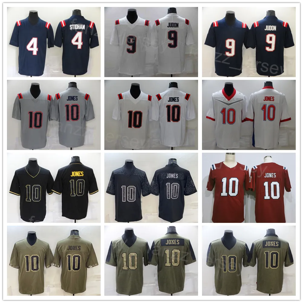 Hommes Football 10 Mac Jones Jersey 4 Jarrett Stidham 9 Matthew Judon Olive Salute To Service Army Green Couleur Rush Smoke All Stitched Team Bleu Marine Rouge Blanc Gris Couleur