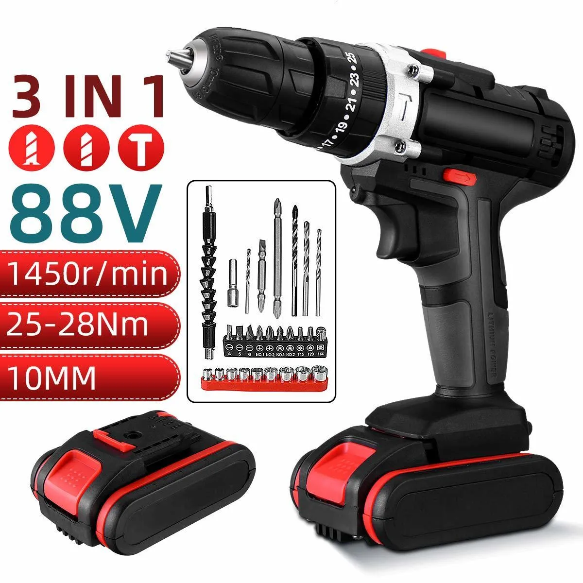 PowerMax Pro Drill Kit 88VF 3 In 1 Cordless Screwdriver High Torque, 2