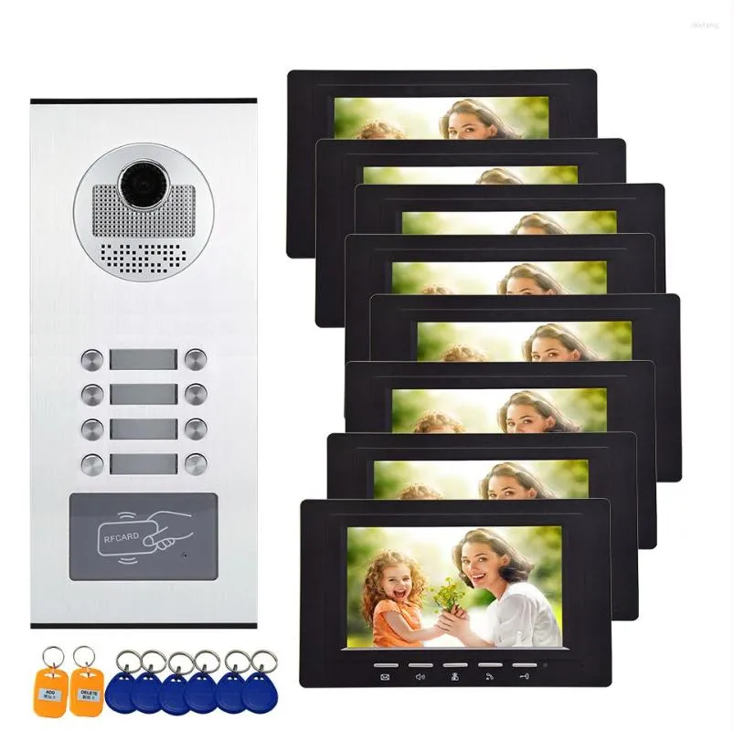 Téléphones de porte vidéo 7 pouces 8 unités système d'interphone multi-appartement avec porte-clés RFID/sonnette de téléphone électrique pour appartement