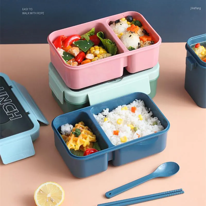 Dinnerware Sets 2 Grids Plastic Sealed Lunch Box With Tableware Leak Proof Picnic Bento Boxes Kitchen Storage Container For Child