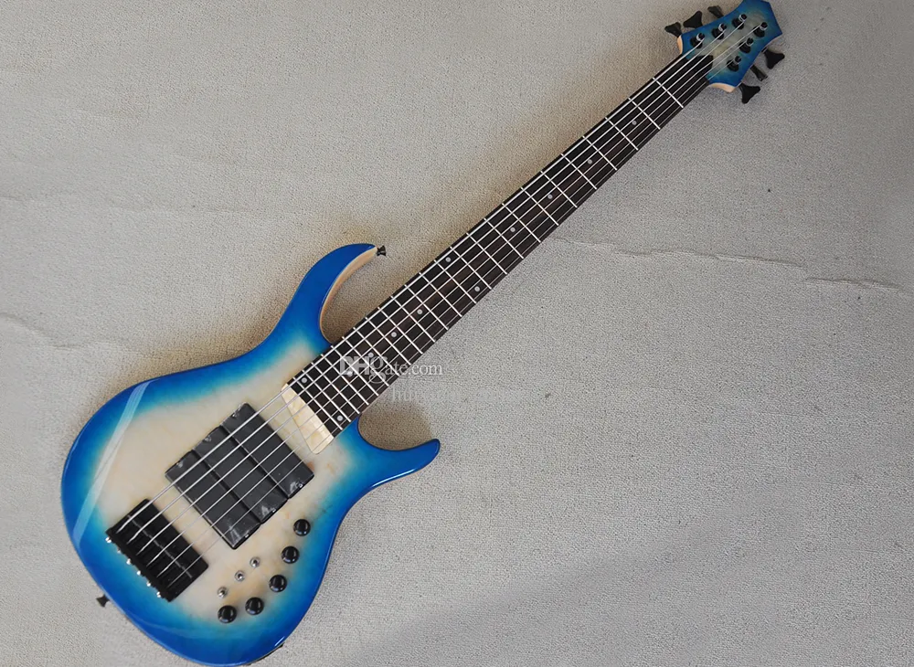 6 Strings Blue Electric Bass Guitar with Flame Maple Veneer Rosewood Fingerboard Can be Customized As Request