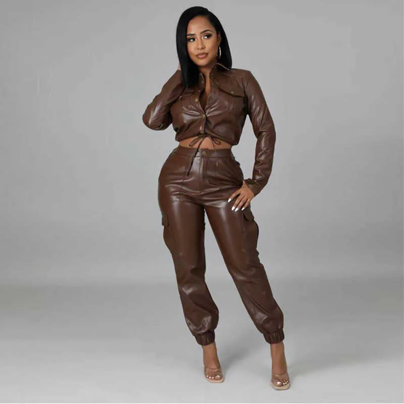 28231 mode cool och stilig kvinnokläder pu läder korta jacka byxor tvådelar kostym svartbrun casual arbetskläder