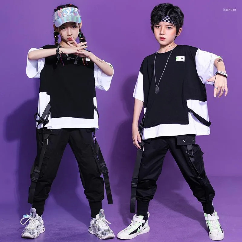 Stage Wear Kid Kpop Hip Hop Clothing Oversized T Shirt Top Streetwear Harajuku Tactical Cargo Pants For Girl Boy Jazz Dance Costume Clothes