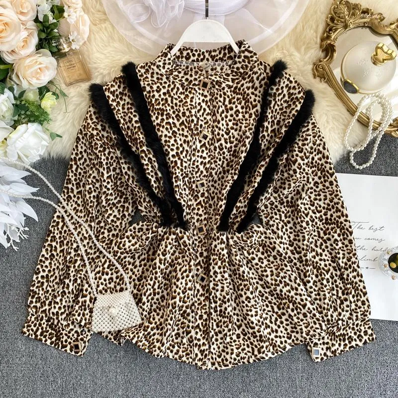 Kvinnors blusar 2022 Autumn Women Chiffon Leopard Flounce Long Bubble Sleeve Loose Thin Bottoming Blus Shirt Ladies Casual Suits