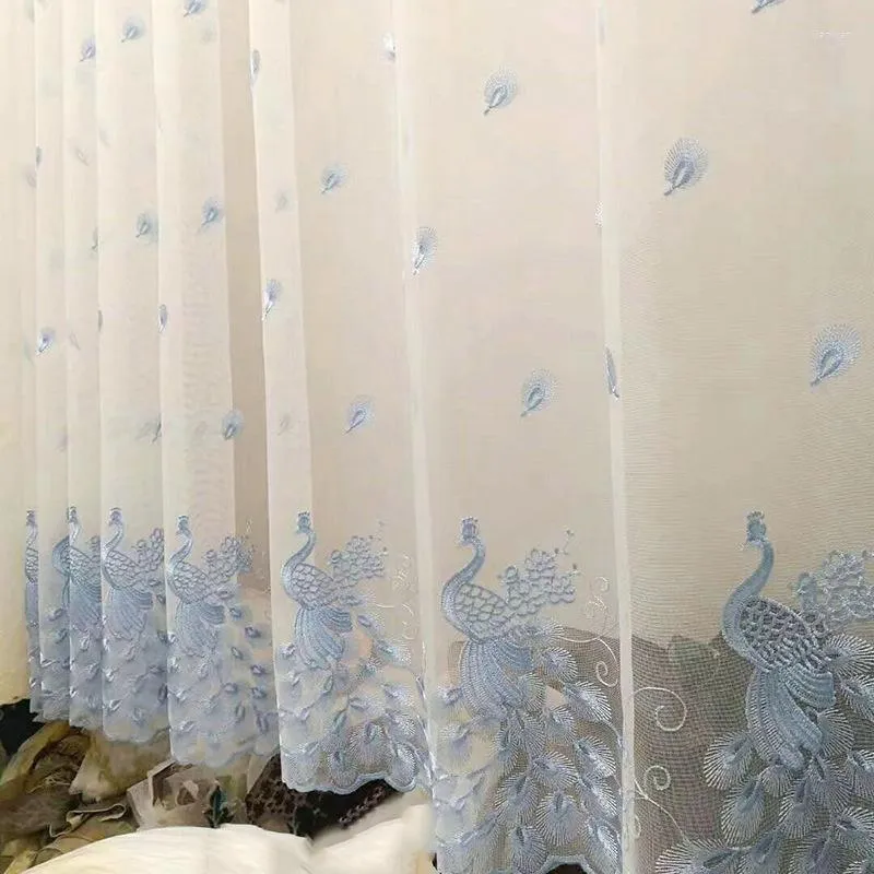 Curtain Peacock Embroidered Tulle Pastoral Style White Gauze Solid Color Translucent Partition For Living Dining Room Bedroom