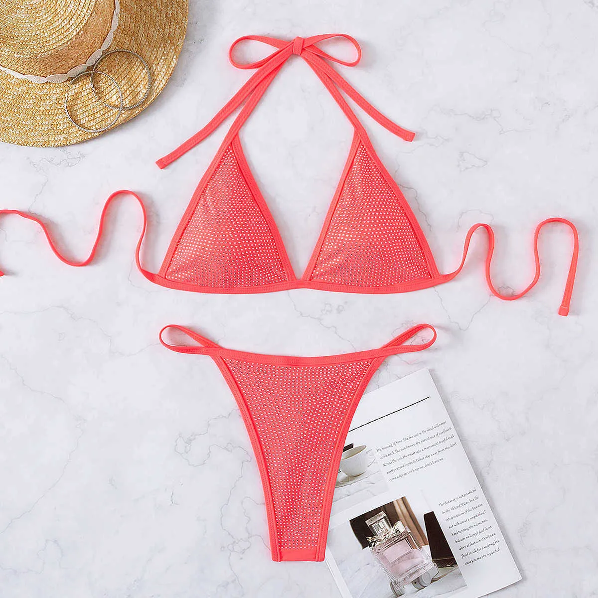 Thong One Piece Bathing Suits Rhinestone Jeweled Bikini Set