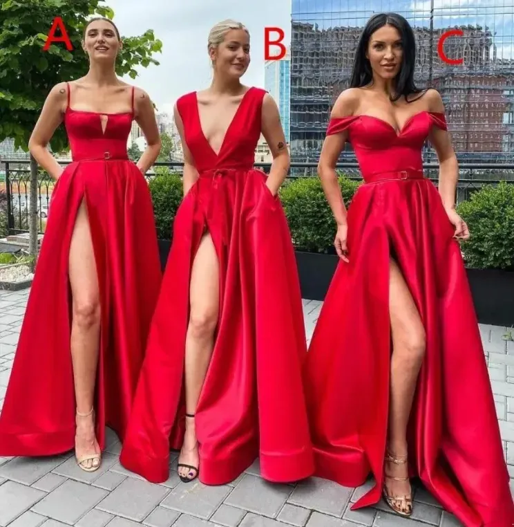 Uma linha vestidos de dama de honra vermelha estilos misturados vestido de casamento lateral de fenda lateral cetim de cetim plus size vestidos de honra