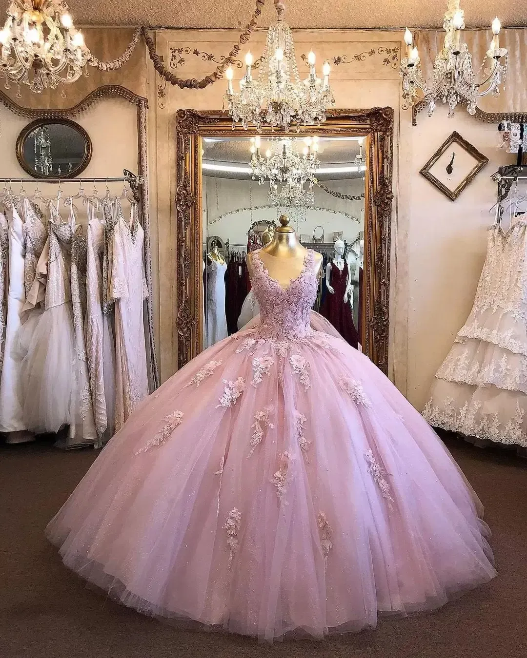 2023 Fashion Dusty Rose Pink Quinceanera Dresses Ball Gown Prom V neck 3D Floral Flowers Applique Tulle Party Evening Dress B0916