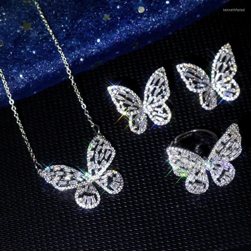 Brincos dangle Big Butterfly Zircon 3 peças anel de colar de colar de jóias de ouro branco preto de alta qualidade com zircões brilhantes