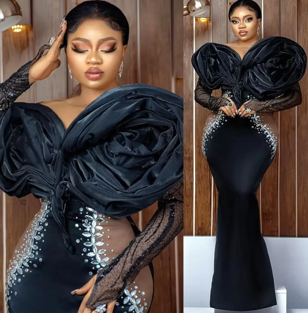 Aso Ebi Noir Robes De Soirée Volants Fleur Cristaux Perlés Manches Longues Illusion Côté Sexy Occasion Spéciale De Bal Piste Pageant Robe Pour Les Filles Noires 2023