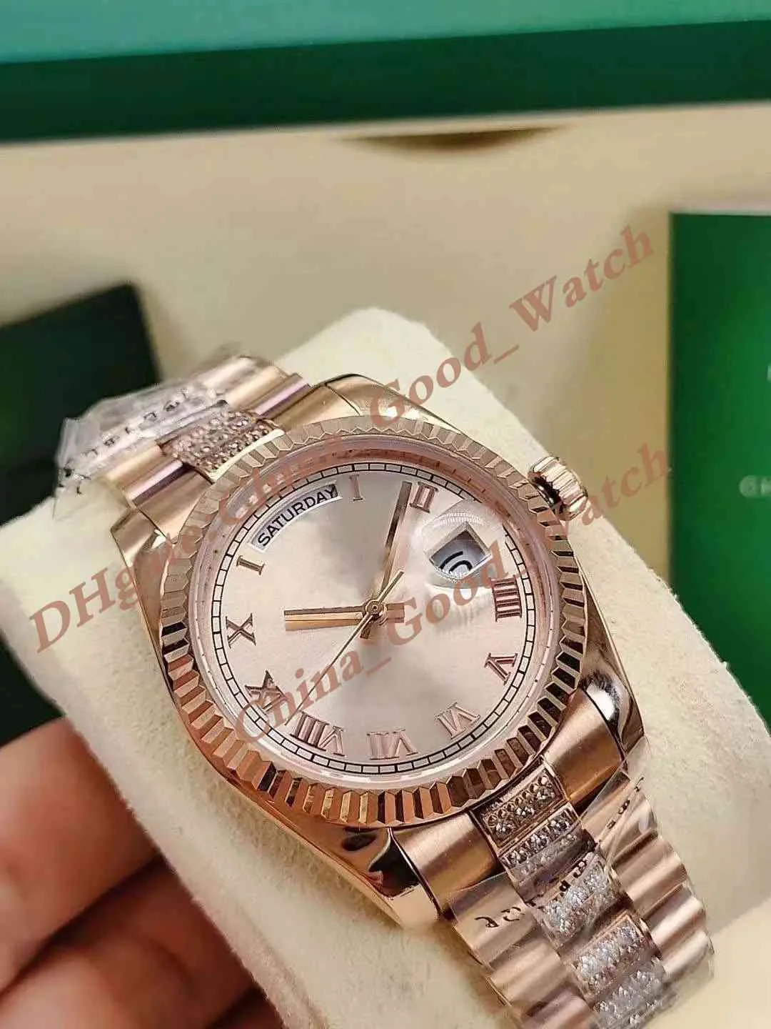 3 colores Relojes de 36 mm Fecha para hombres Champagne Dial romano Reloj de oro rosa para hombres 2813 Movimiento automatico Pulsera de diamantes