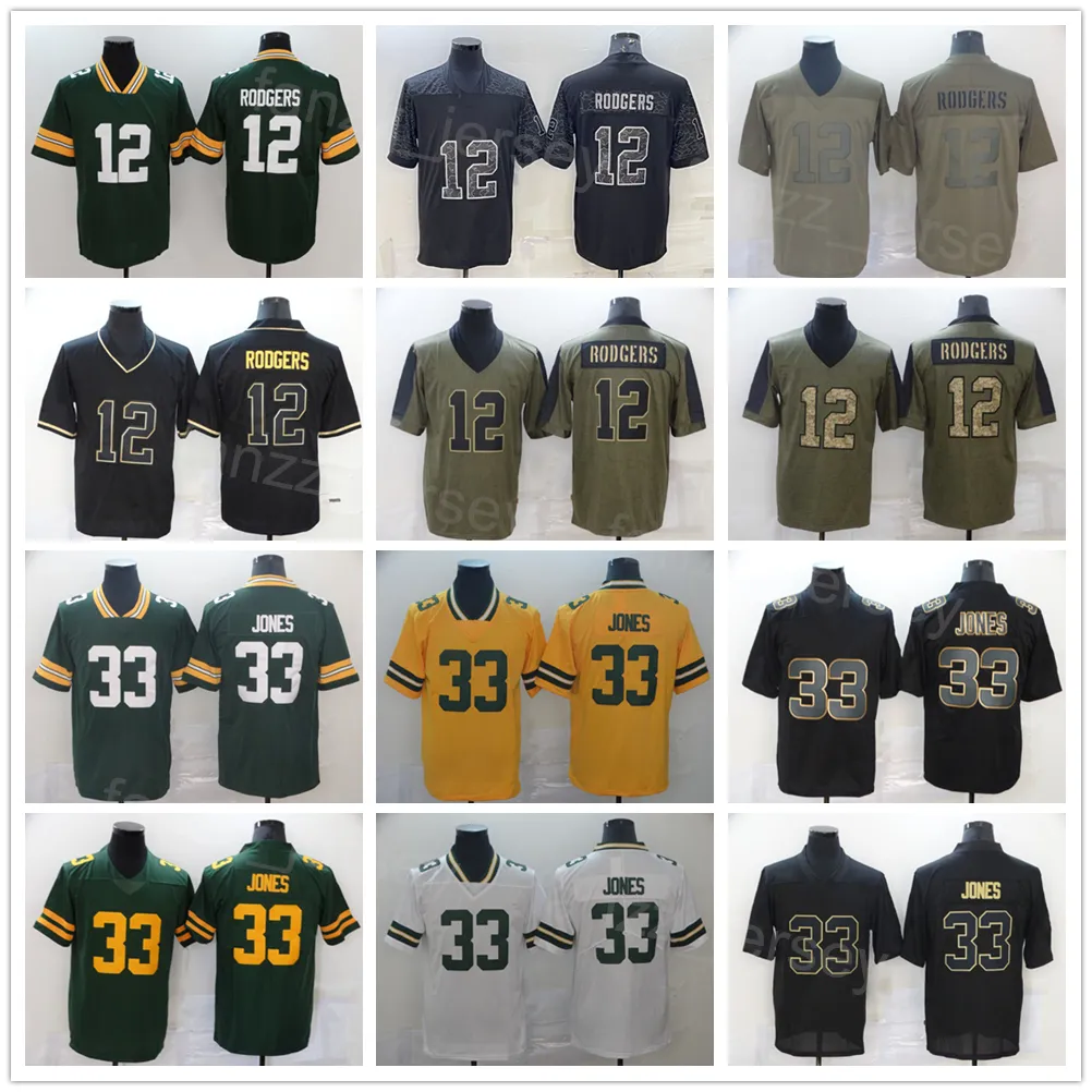 Men Football 33 Aaron Jones Jersey 12 Aaron Rodgers Army Green Salute to Service Volte o relógio Color Rush Hifenation Smoke Stitched Team preto amarelo branco