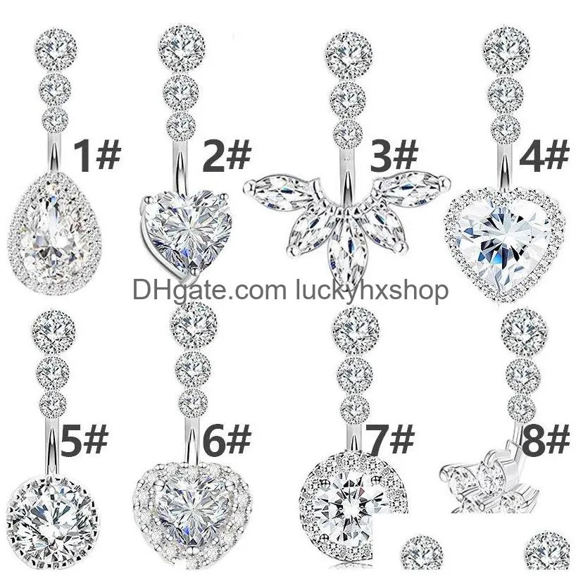 Navel Bell Button Rings Crystal Belly Ring For Woman Piercing Round Heart Zircon Stud Barbell Stainless Steel Bar Sexy Body Jewelr Dhbvb