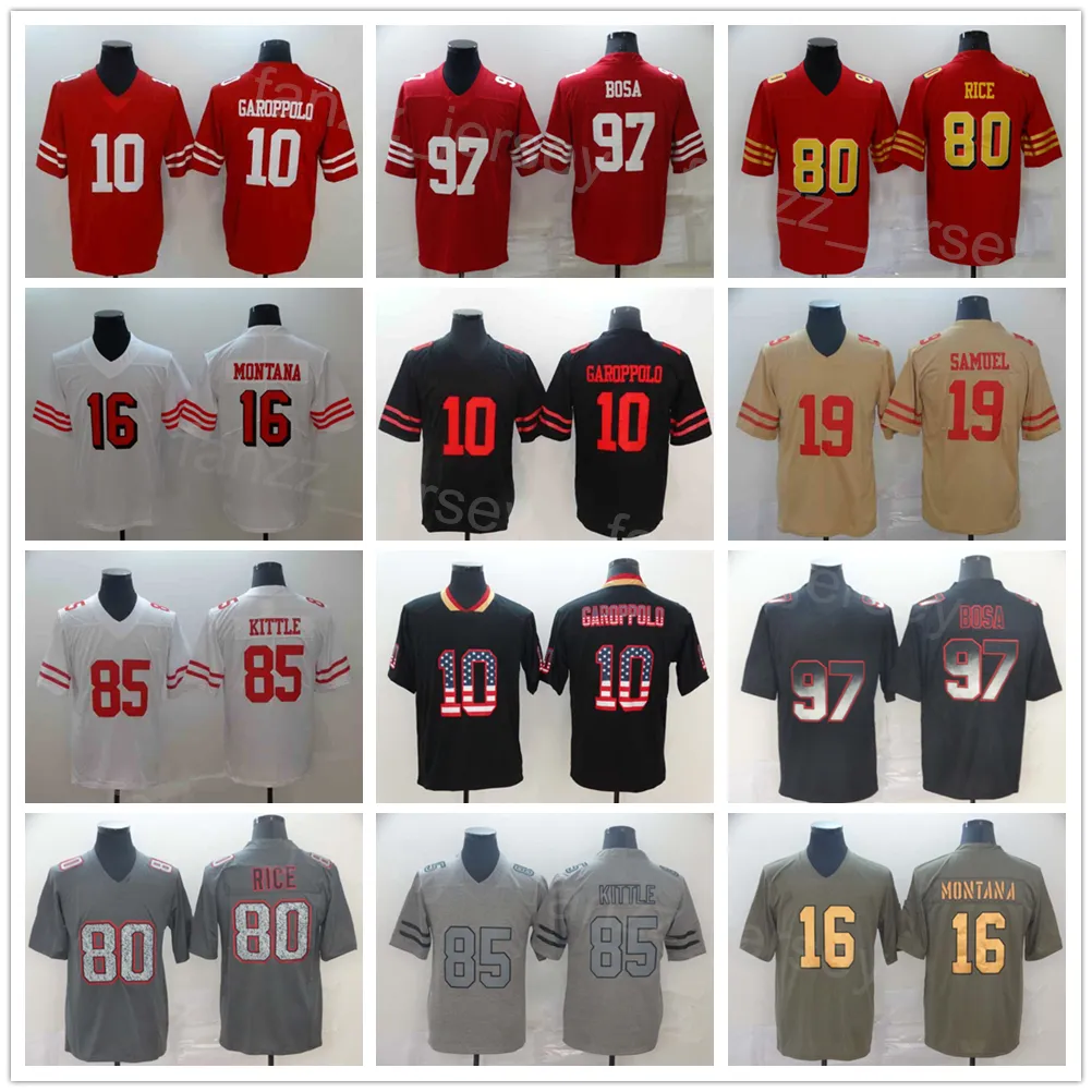 Calcio da uomo 10 maglie Jimmy Garoppolo 85 George Kittle 97 Nick Bosa 19 Deebo Samuel 16 Joe Montana 80 Jerry Rice Nero Rosso Bianco Army Green Brown All Stitched Team