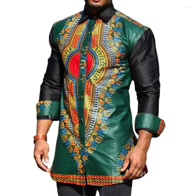 ملابس عرقية رجال خضراء أفريقية داشكي طباعة زر أسفل القمصان ضئيلة طويلة الأكمام ملابس الرجال