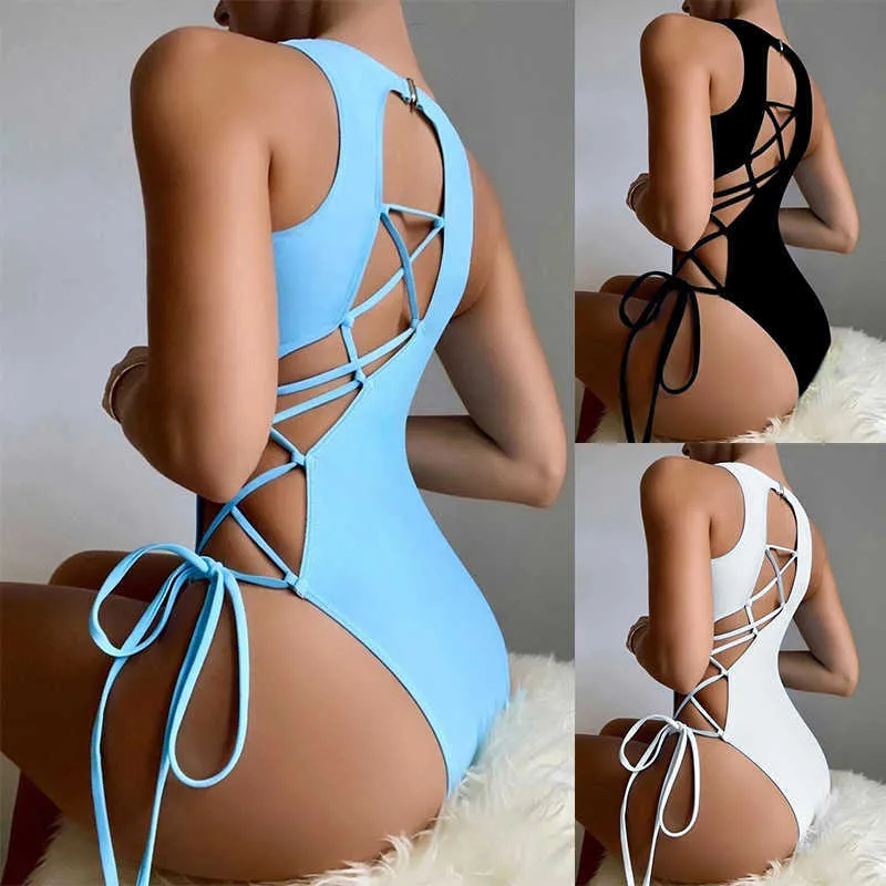 Swim Wear OEING Bandage Female Beach Bra 2022 Bikini Sexy Back Cutout Lace One-piece Suit Swimsuit Bathing Suit Women Jumpsuits Playsuits T221208