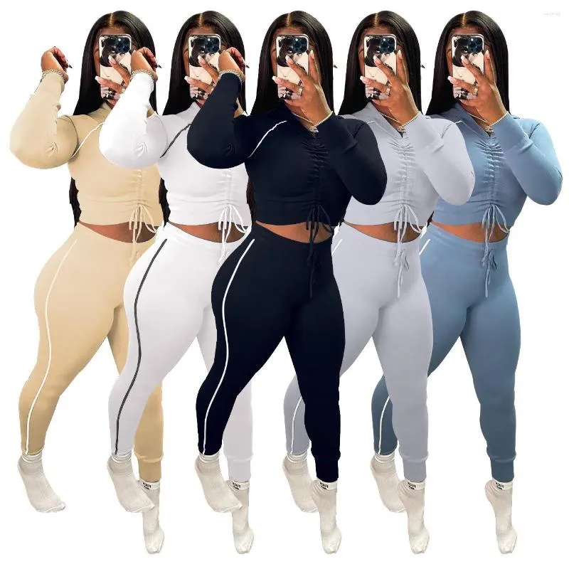 Kvinnors tvåbitar byxor Fashion Women 2 Set Sexig Shirring Croped Hoodie Bodycon High Stretchy Streetwear 2022 Bulk Artikel Partihandel