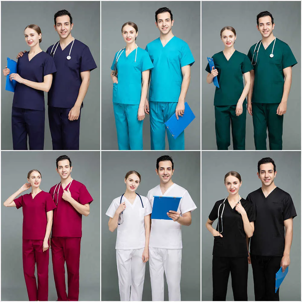 Scrubpakken Effen Kleur Unisex Chirurgische Toga Zak V-hals Joggers Scrubs Set voor Vrouwen Huisdier Ziekenhuis Uniform Set