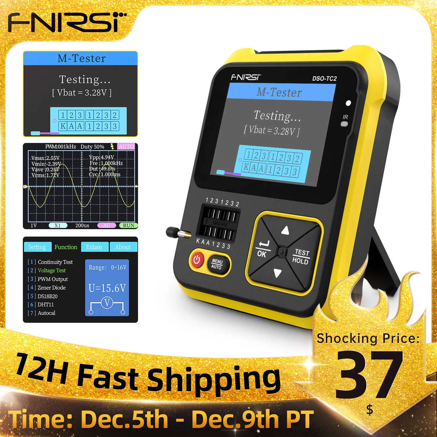 FNIRSI DSO-TC2 Tragbarer digitaler Oszilloskop-Transistortester 2-in-1-Multifunktions-Multimeter, Diodenspannung, LCR-Erkennung, PWM-Ausgang