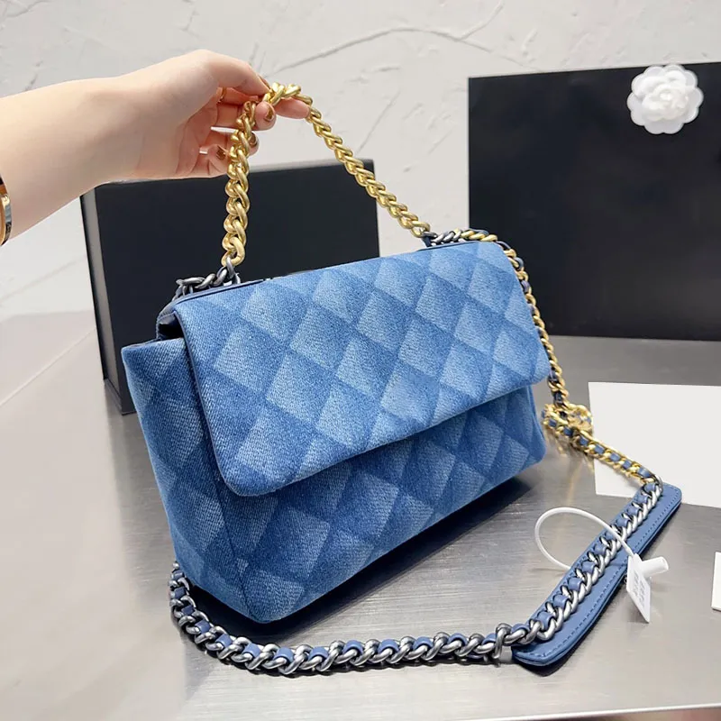 2022 French Womens 19 Series Denim Bags Blue Classic C Quilted Rectangular Flap Purse Diamond Lattice Gold Metal Hardware Chain Handle Totes Crossbody Handbag 26CM