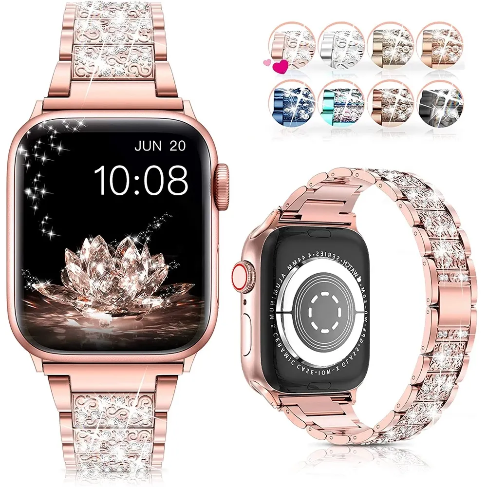 Luxury Link Armband för Apple Watch Band Ultra 49mm SE 6 7 8 41mm 45mm 40mm 44mm Diamond Shining Women Metal Strap IWatch Series 5 4 3 38mm 42mm