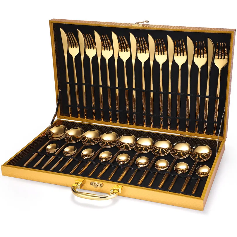 Geschirr-Sets, 24-teilig, goldfarben, Edelstahl, Geschirr, Messer, Gabel, Löffel, Luxus-Besteck, Geschenkbox, Besteck, spülmaschinenfest, 221208