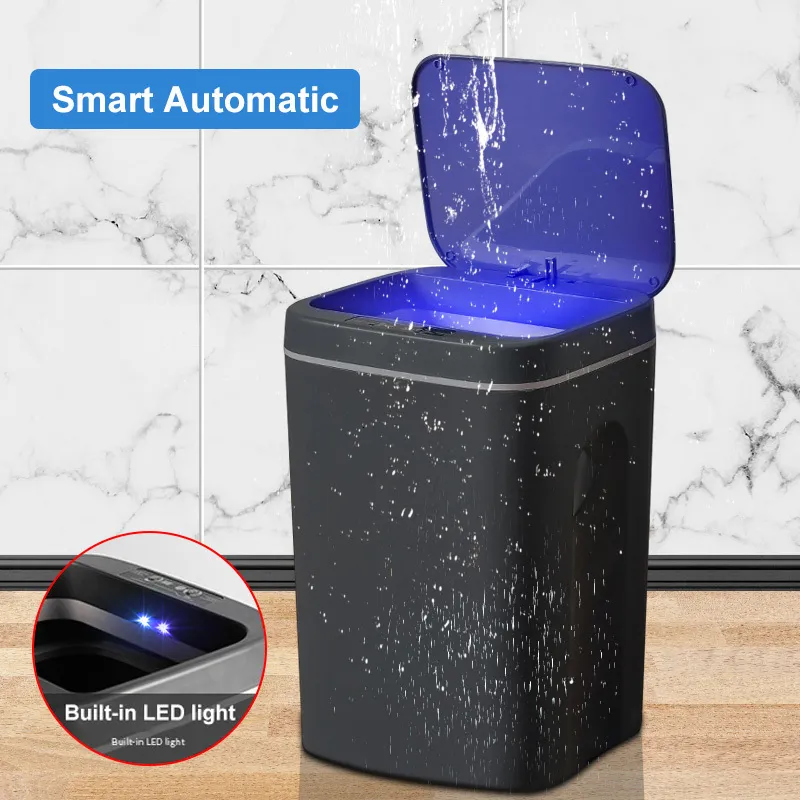 Waste Bins 1216L Smart Trash Can For Kitchen Intelligent Automatic Waste Bin With LED Light Toilet Bin Barthroom Waterproof USB Recharge 221208