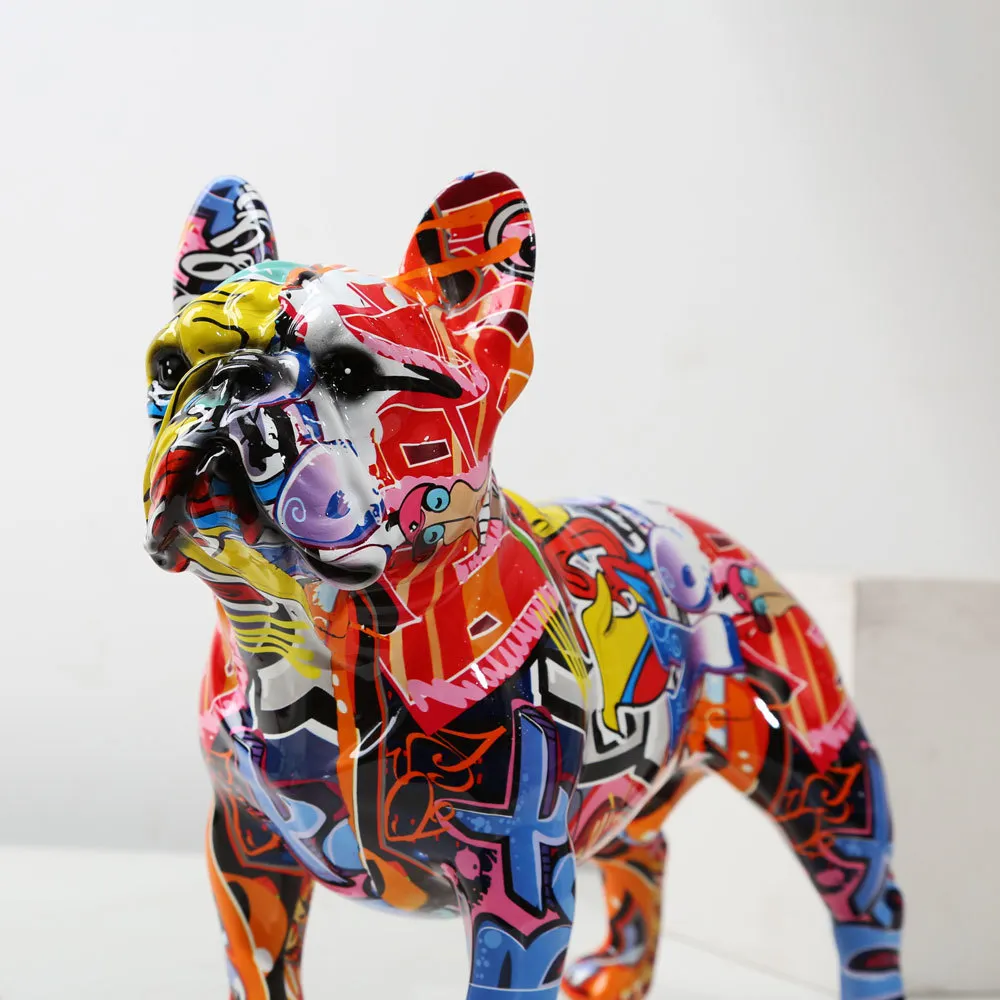 カラフルなグラフィティフレンチブルドッグ像樹脂犬の置物モダンアート
