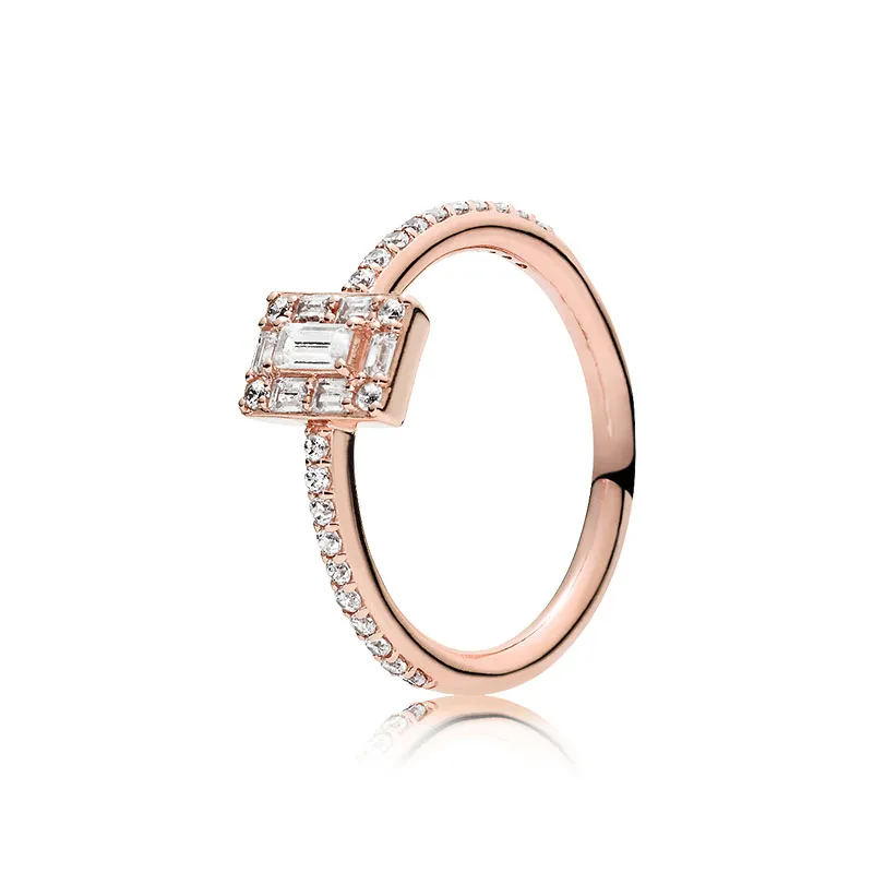 18K Rose Gold Sparkling Square Halo Ring for Pandora Real Sterling Silver Jewelry CZ Diamond Wedding Rings For Women Girls with Original Box Set Factory wholesale