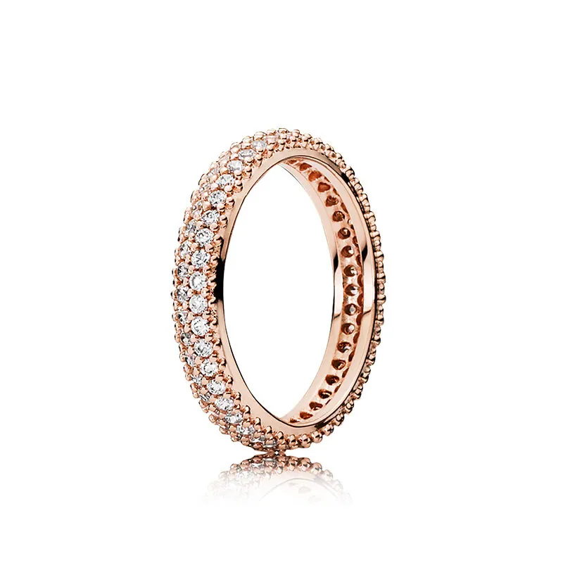 Rose Gold Elegant Pave Band Ring with Original Box for Pandora Real Sterling Silver CZ Diamond Wedding Party Rings For Women Girls Engagement Jewelry Set