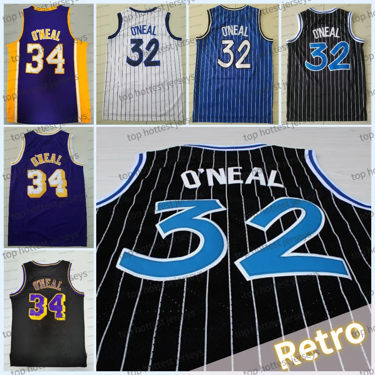 Retro męskie 34 Shaquille ONeal 32 koszulka do koszykówki Shaq Neal żółty fioletowy czarny męskie szyte koszulki oddychające nowy rok boże narodzenie fani prezenty