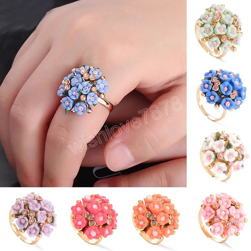 Women Sweet Ceramic Flower Finger Rings Fashion Elegant Adjustable Opened Ring Wedding Party Bride Flower Jewelry