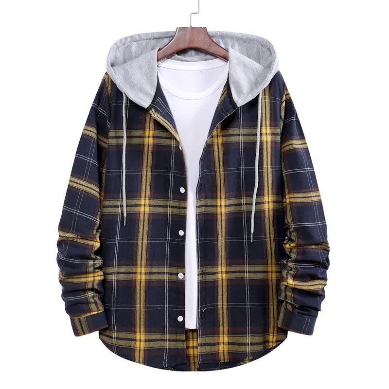 Men's Casual Shirts Long Sleeve Quilted Lined Flannel with Hood Button-Down Flannel Plaid Hoodie Shirt Lightweight Jacket