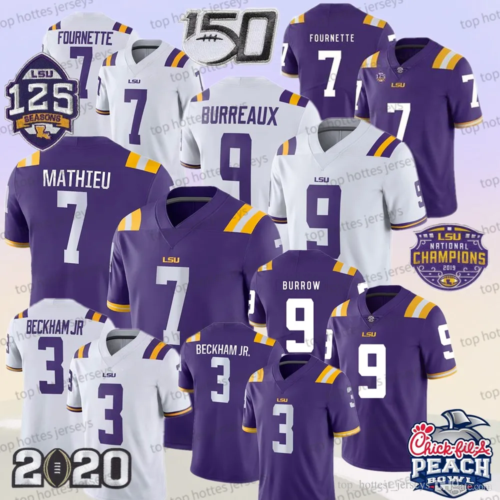 LSU Tigers 2 Justin Jefferson College كرة القدم جيرسي Odell Beckham Jr. Burreaux 9 Joe Burrow Tryann Mathieu 7 Fournette Purple Stitched College قمصان رجالي 125th