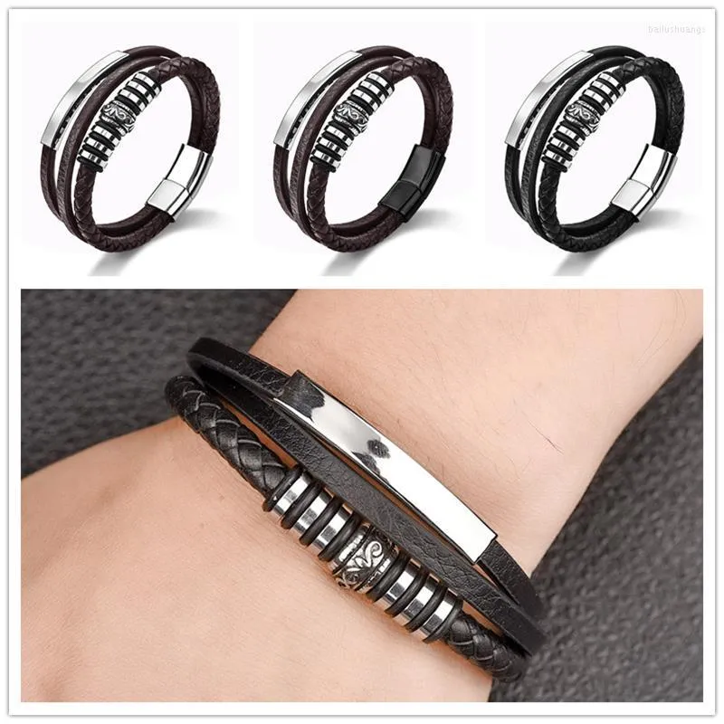 Charm Bracelets Punk Genuine Leather Men Bracelet Stainless Steel Magnetic Clasp Bangle 2022 Fashion Male Wristband Jewelry Gift