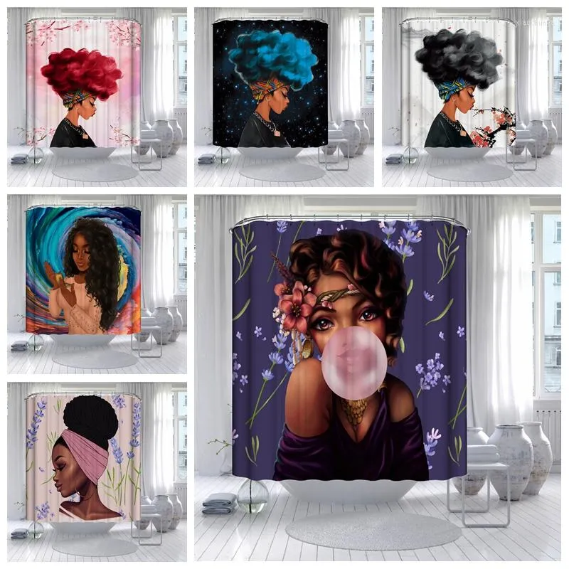 Rideaux de douche belle fille africaine rideau bleu noir cheveux explosifs violet fleur base blanche tissu imperméable imprimé salle de bain