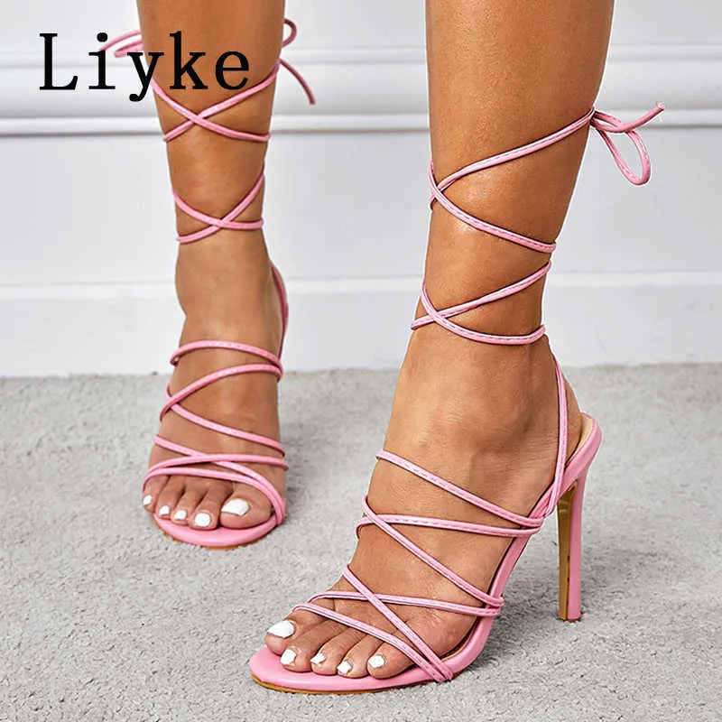 Sandali Liyke 2022 estate blu rosa donne sandali infradito moda cinturino alla caviglia tacchi alti punta quadrata lace-up scarpe da sera taglia 35-42 T221209