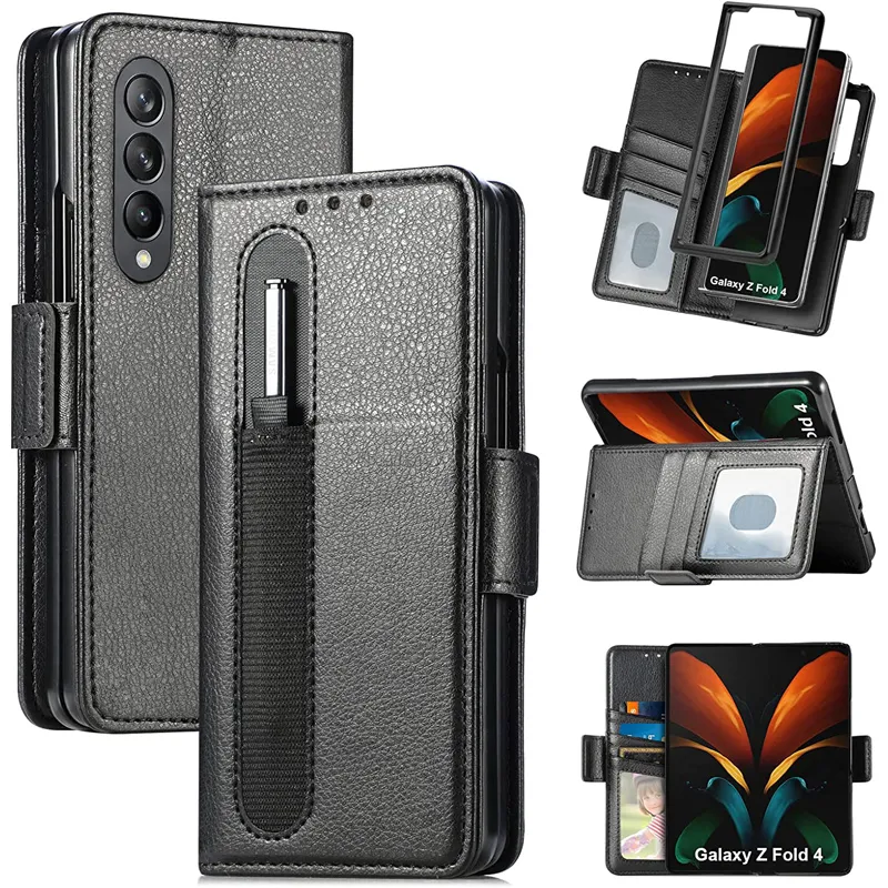 Luxury RFID Blocking Business Flip Cases with S Pen Holder Slot Magnetic Case Kickstand Shockproof PU Leather Hard PC Cover For Samsung Galaxy Z Fold 3 4 5G Fold3 Fold4