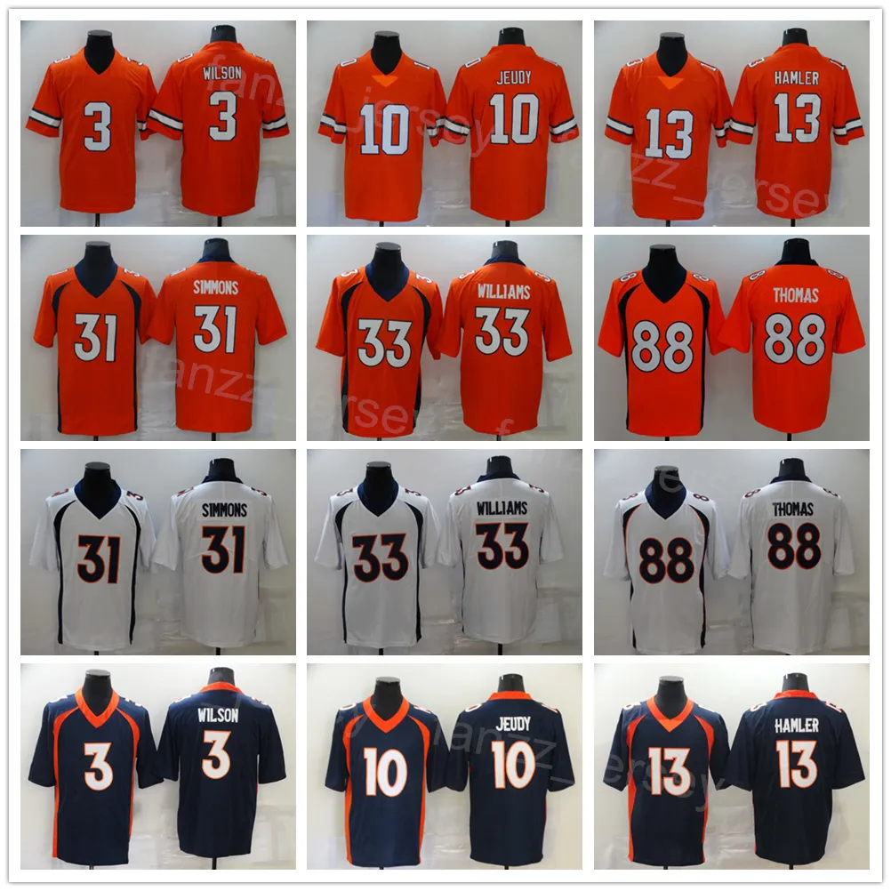 Man Football 10 Jerry Jeudy Jerseys 31 Justin Simmons 33 Javonte Williams 88 Demaryius Thomas 3 Russell Wilson 13 KJ Hamler Syched Orange White Navy Color Rush